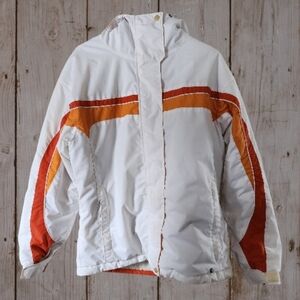COLUMBIA White Winter Ski Snowboard Jacket with Orange and Red Stripes SZ Large